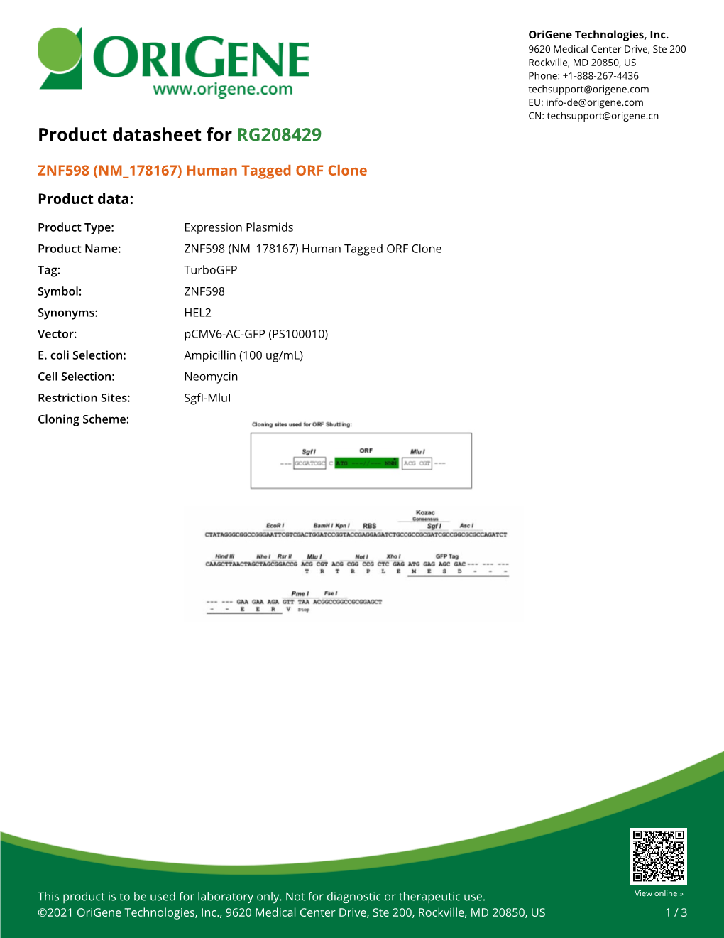 ZNF598 (NM 178167) Human Tagged ORF Clone Product Data