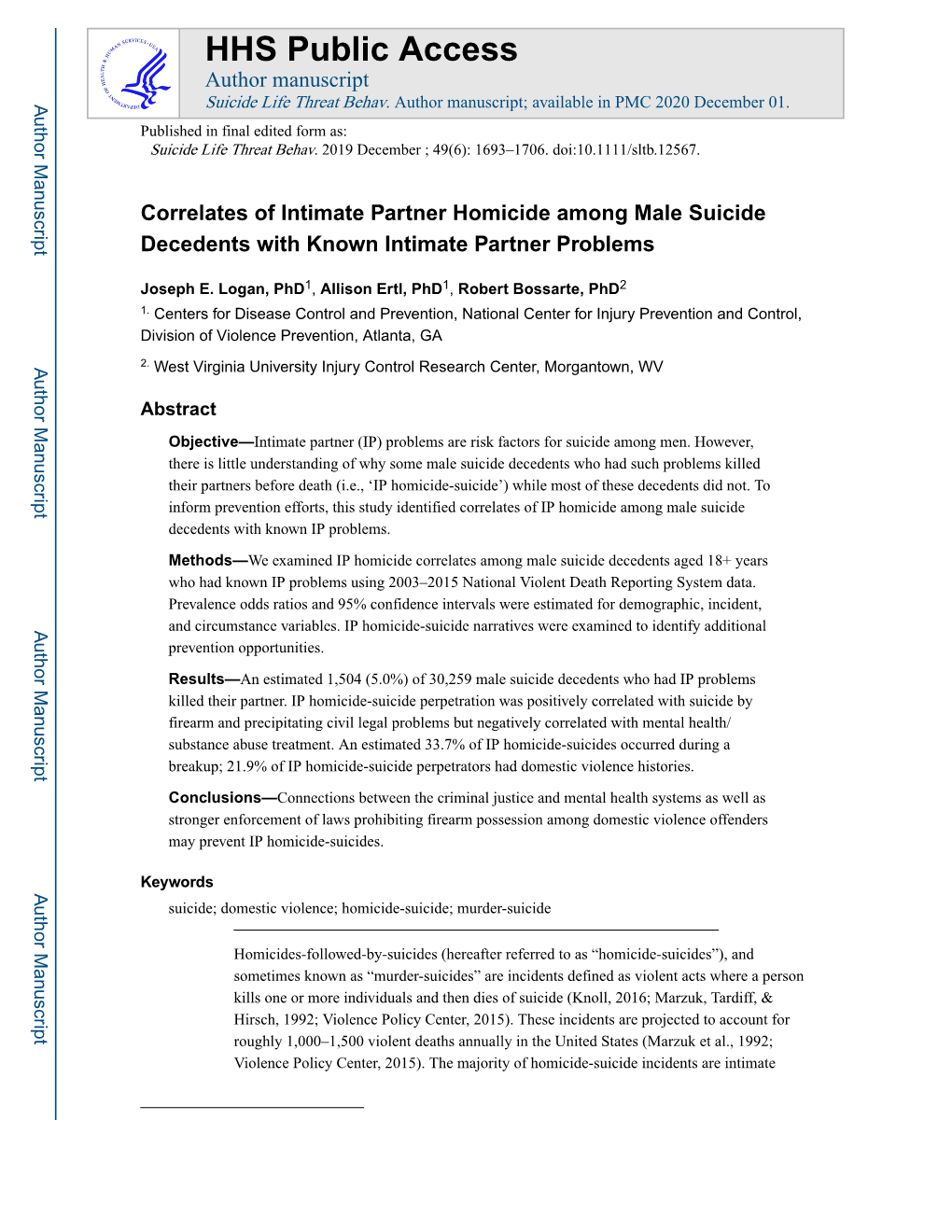 Correlates of Intimate Partner Homicide Among Male Suicide Decedents with Known Intimate Partner Problems
