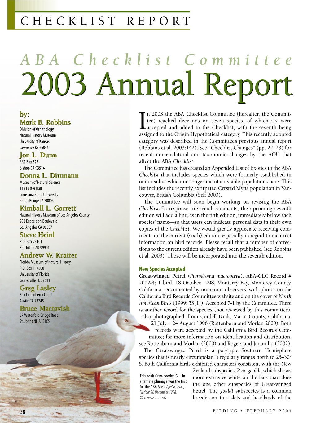 2003 Annual Report By: N 2003 the ABA Checklist Committee (Hereafter, the Commit- Mark B