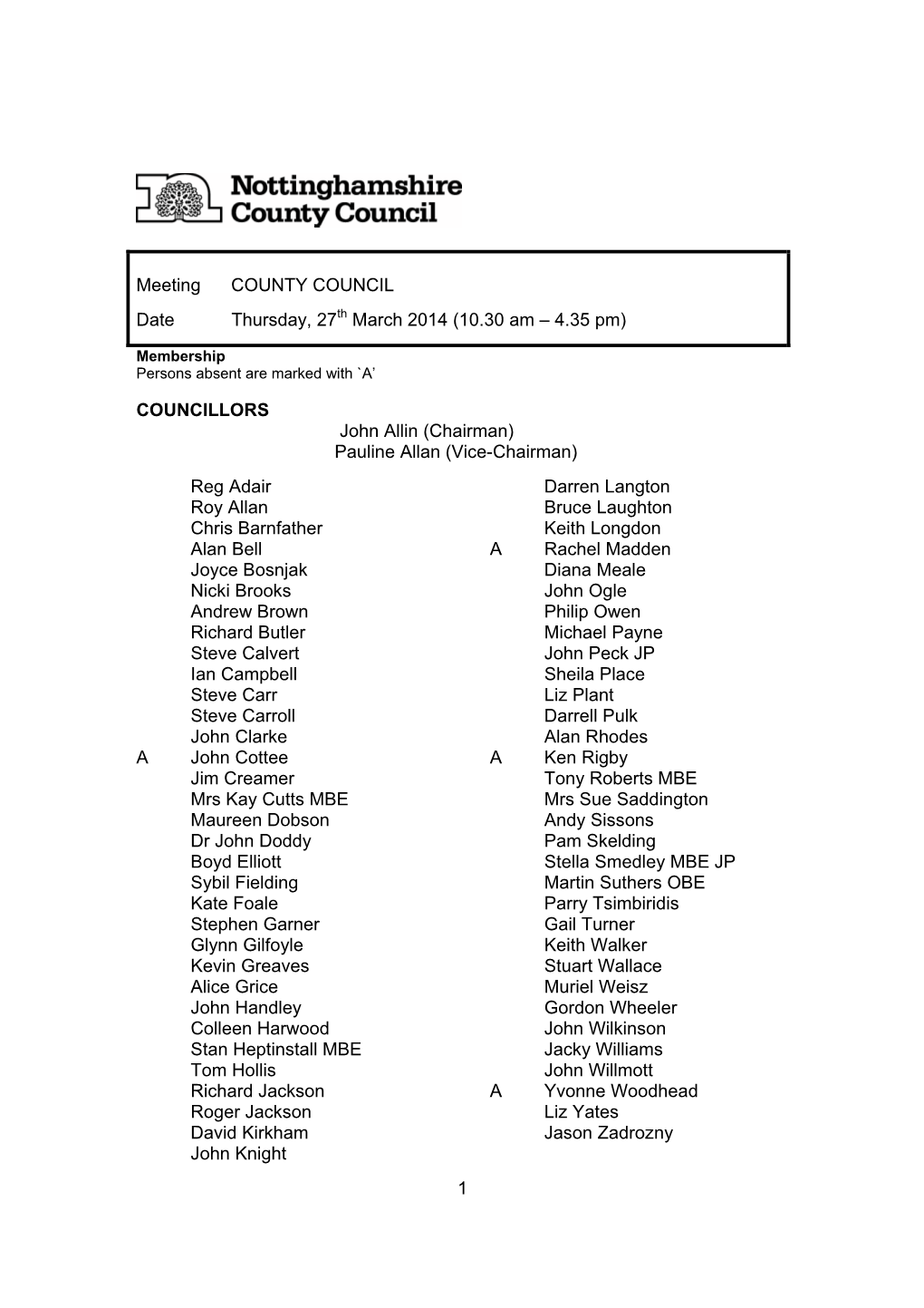 (10.30 Am – 4.35 Pm) COUNCILLORS John Allin (Chairman) Paulin