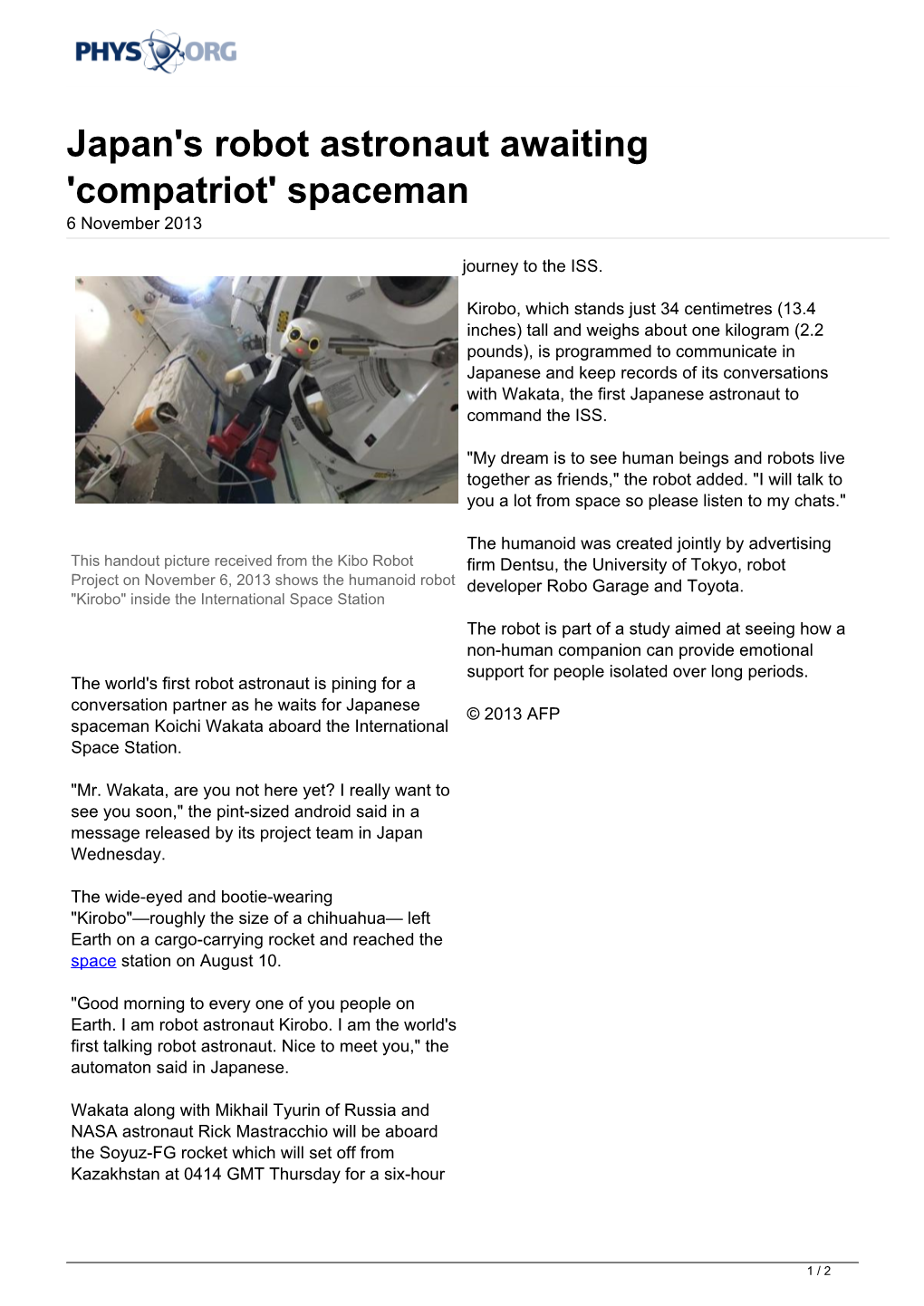 Japan's Robot Astronaut Awaiting 'Compatriot' Spaceman 6 November 2013