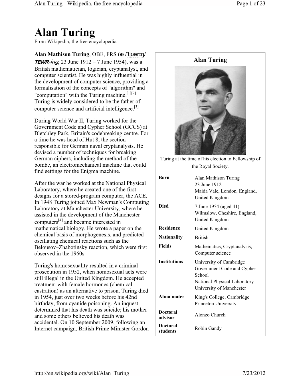Alan Turing - Wikipedia, the Free Encyclopedia Page 1 of 23