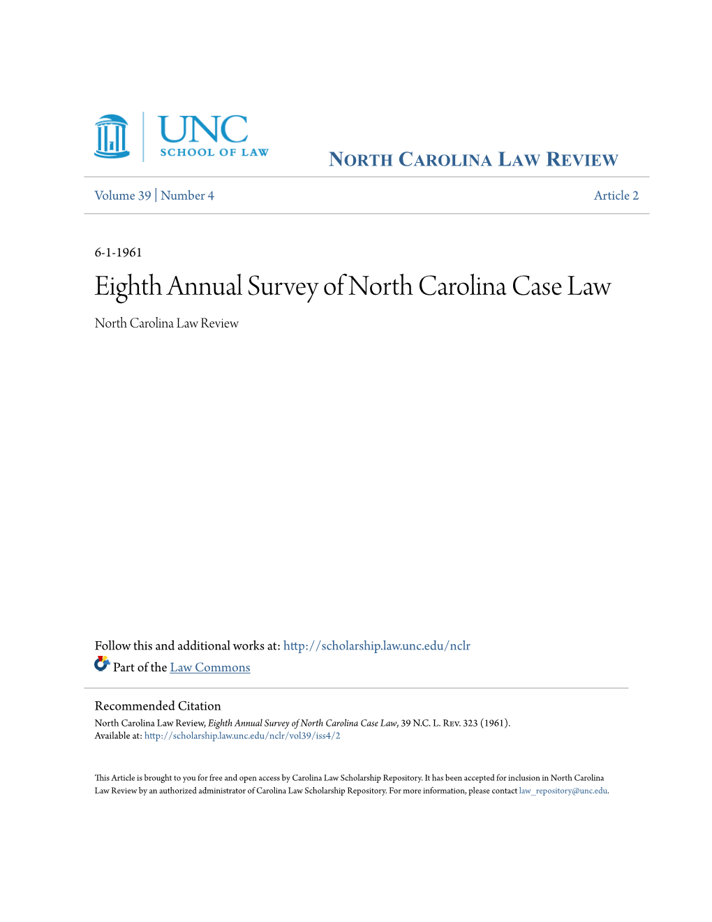 Eighth Annual Survey of North Carolina Case Law North Carolina Law Review