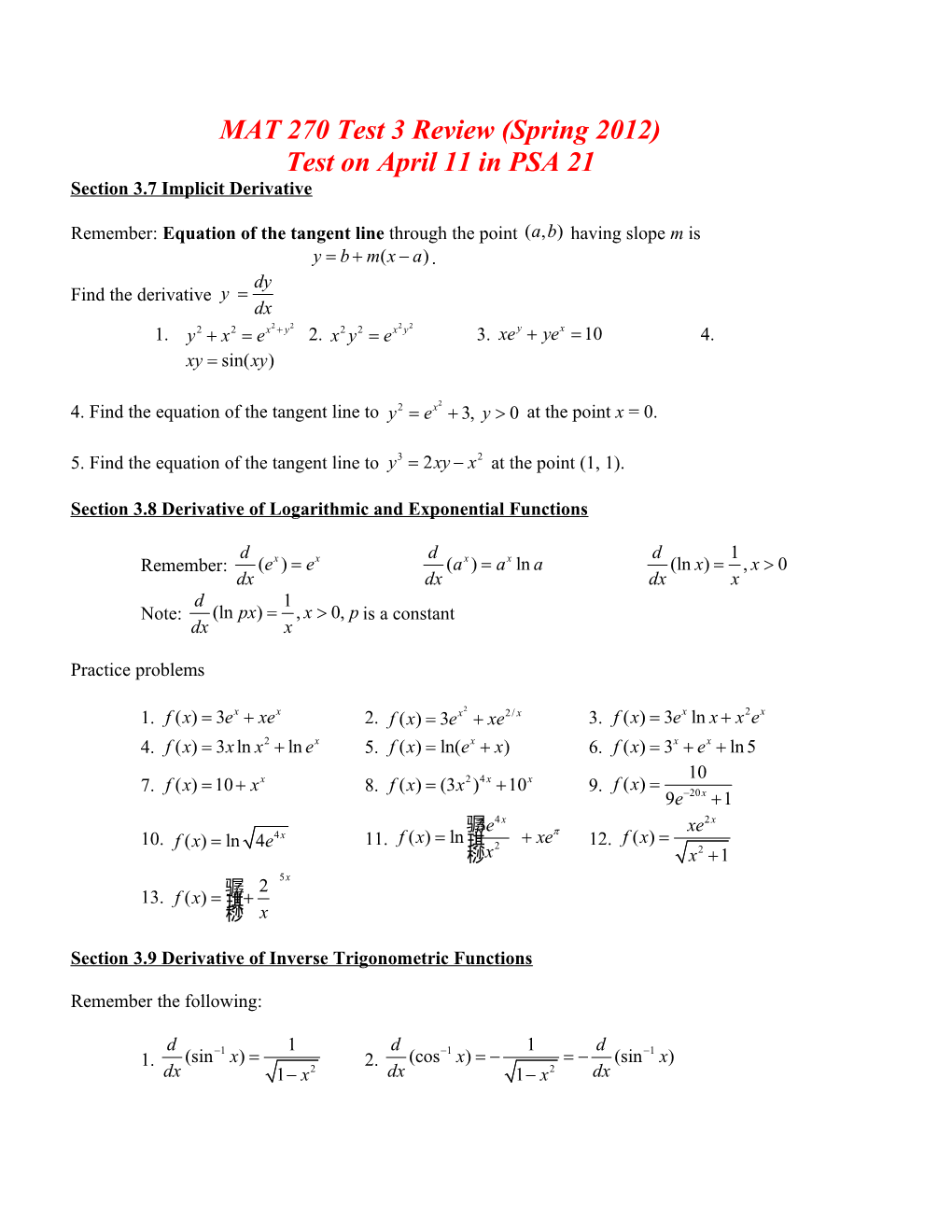 MAT 265 Final Exam Review (Spring 2008)