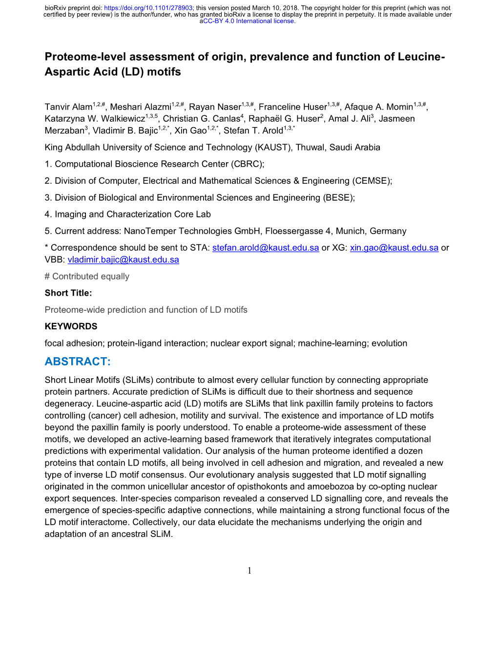 Proteome-Level Assessment of Origin, Prevalence and Function of Leucine- Aspartic Acid (LD) Motifs