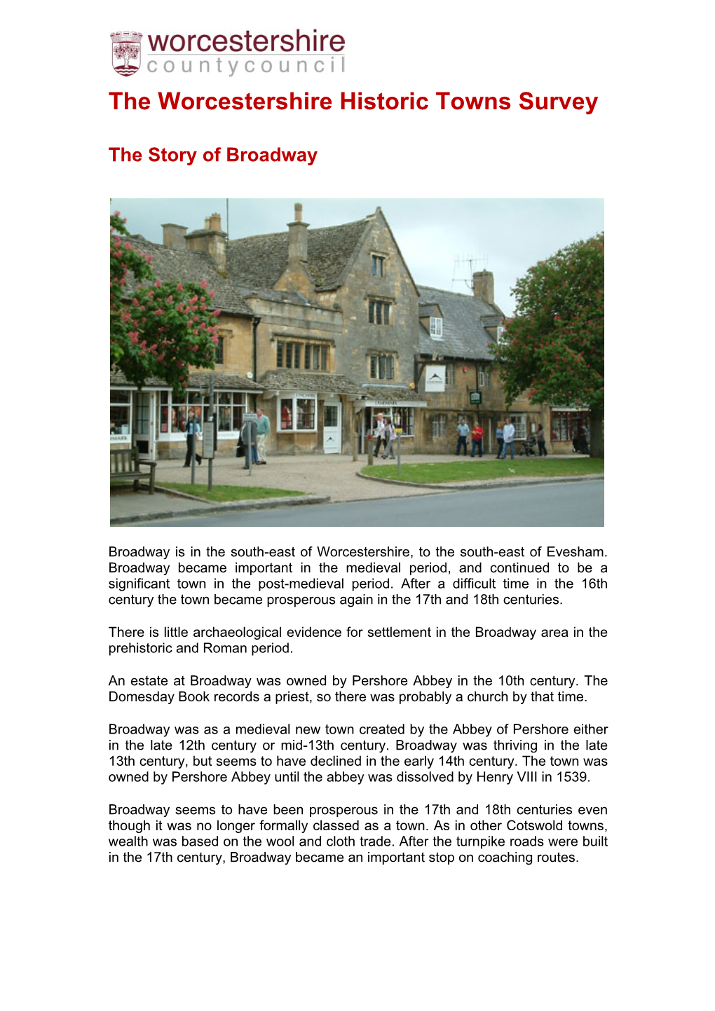 The Worcestershire Historic Towns Survey the Story of Broadway