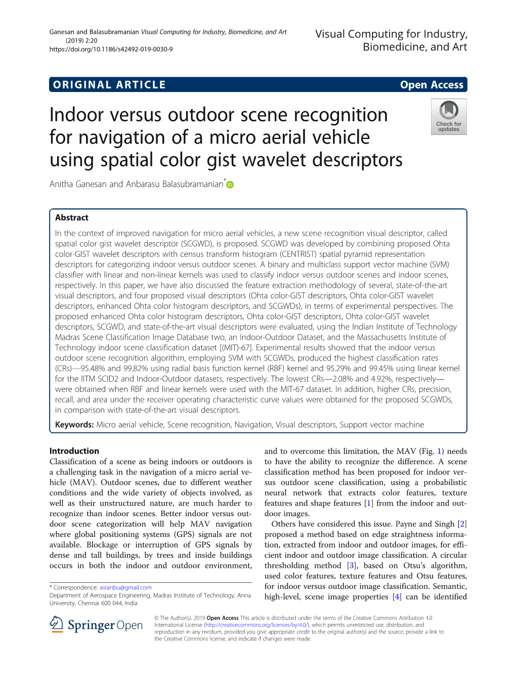 Indoor Versus Outdoor Scene Recognition for Navigation of a Micro