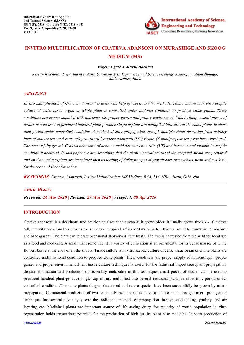 Invitro Multiplication of Crateva Adansoni on Murashige and Skoog Medium (Ms)