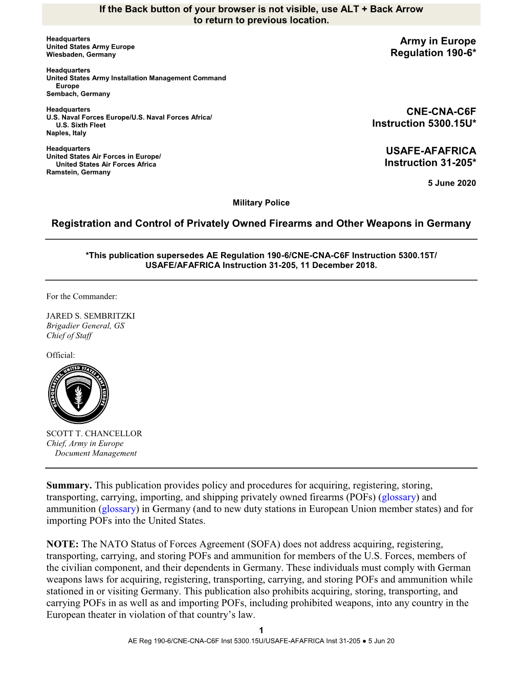 Army in Europe Regulation 190-6/CNE-CNA-C6F Instruction