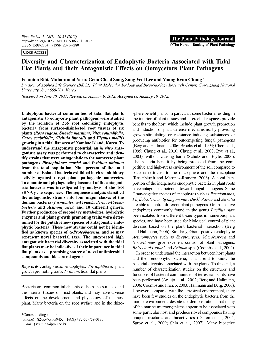 Diversity and Characterization of Endophytic Bacteria Associated with Tidal Flat Plants and Their Antagonistic Effects on Oomycetous Plant Pathogens