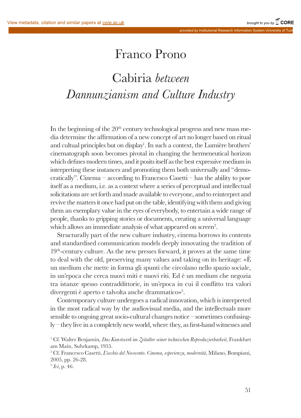 Franco Prono Cabiria Between Dannunzianism and Culture Industry