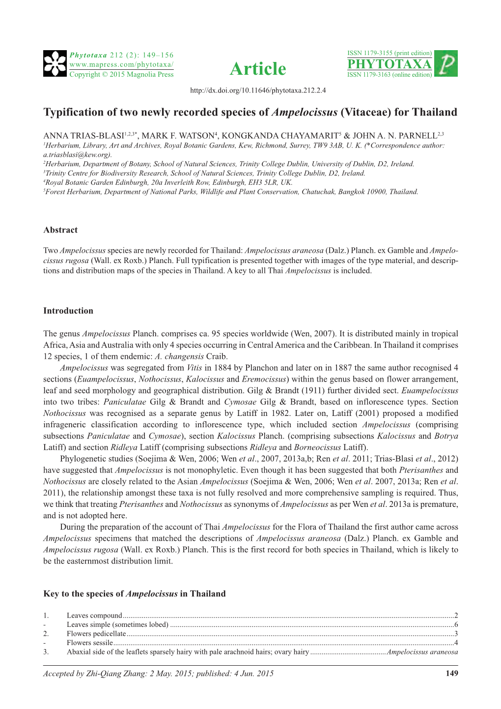 Typification of Two Newly Recorded Species of Ampelocissus (Vitaceae) for Thailand
