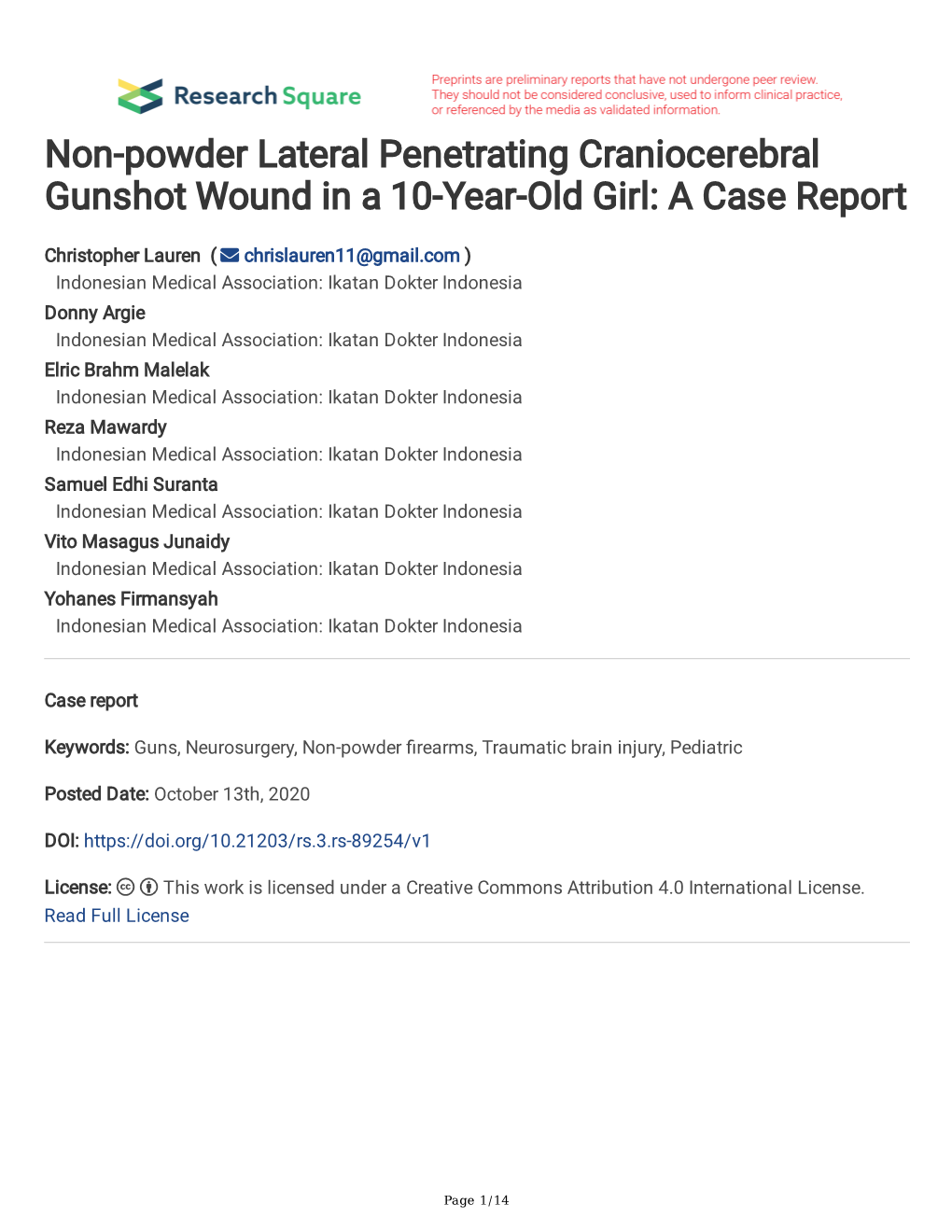 Non-Powder Lateral Penetrating Craniocerebral Gunshot Wound in a 10-Year-Old Girl: a Case Report
