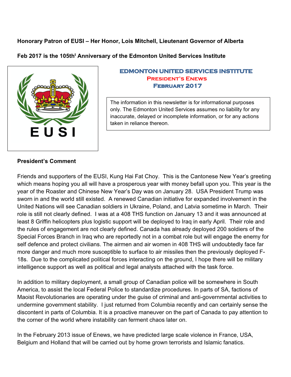 Honorary Patron of EUSI – Her Honor, Lois Mitchell, Lieutenant Governor of Alberta