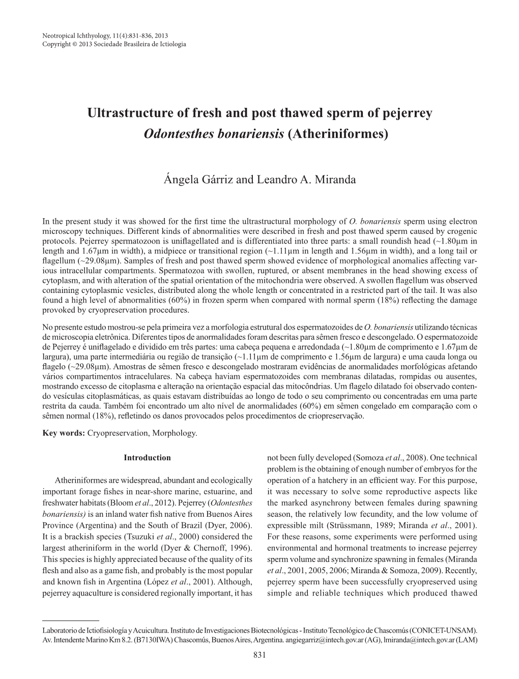 Ultrastructure of Fresh and Post Thawed Sperm of Pejerrey Odontesthes Bonariensis (Atheriniformes)