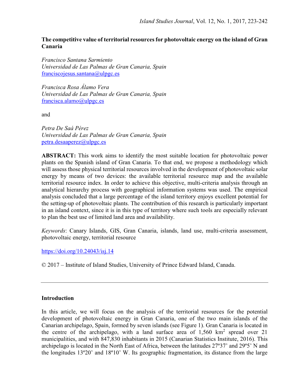 The Competitive Value of Territorial Resources for Photovoltaic Energy on the Island of Gran Canaria