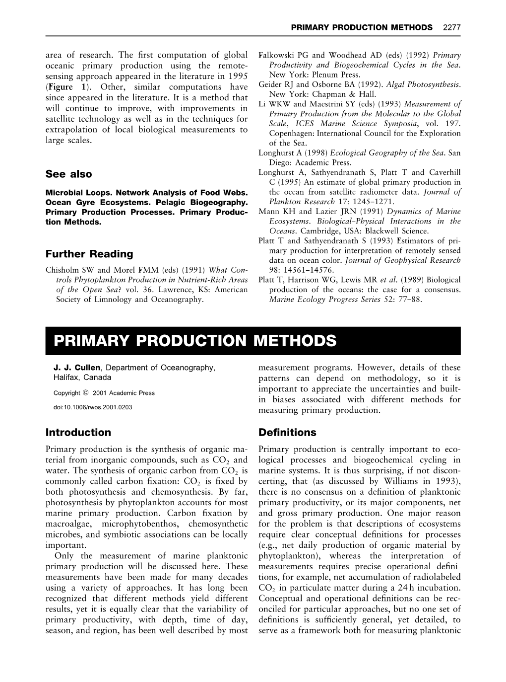 PRIMARY PRODUCTION METHODS 2277 Area of Research