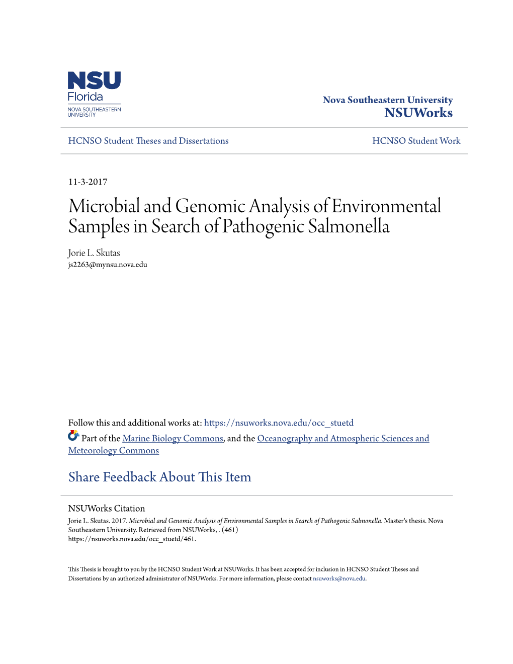 Microbial and Genomic Analysis of Environmental Samples in Search of Pathogenic Salmonella Jorie L