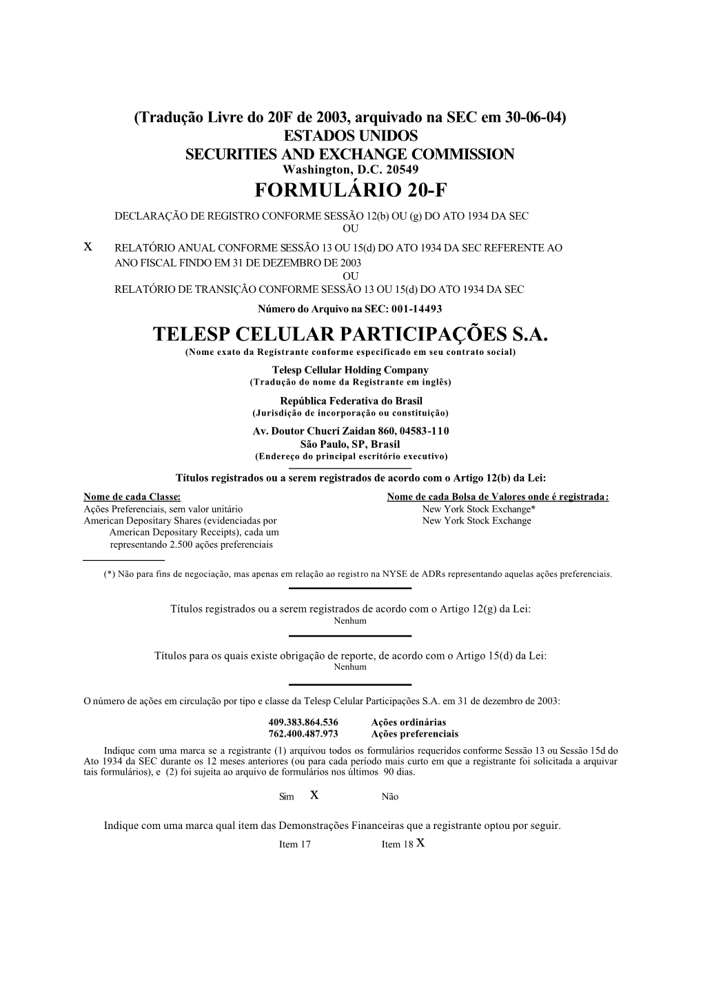 Formulário 20-F Telesp Celular Participações S.A