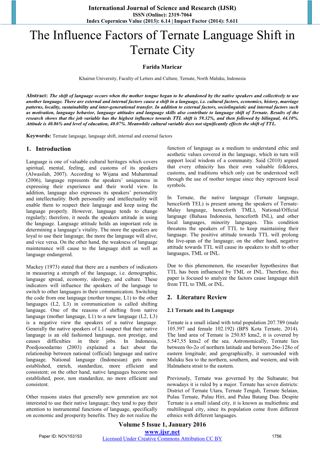 The Influence Factors of Ternate Language Shift in Ternate City