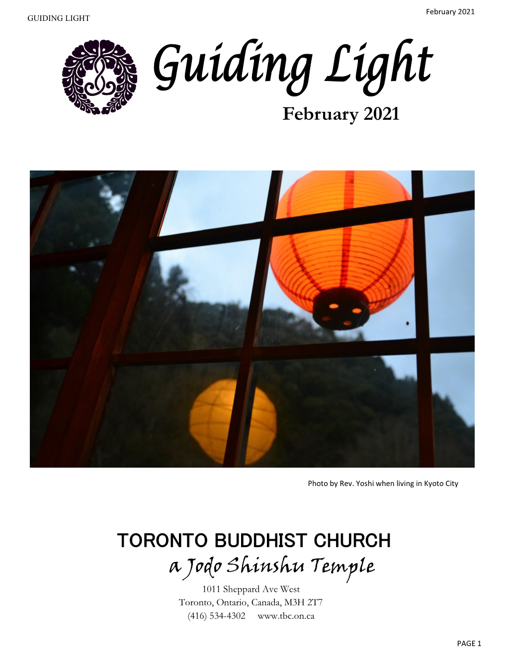 TORONTO BUDDHIST CHURCH a Jodo Shinshu Temple February 2021