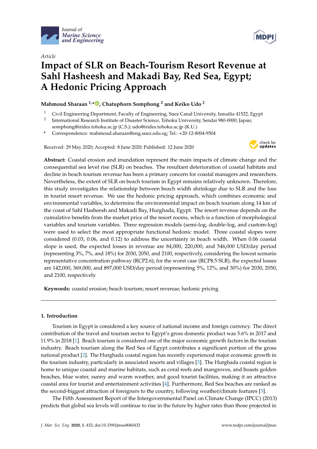 Impact of SLR on Beach-Tourism Resort Revenue at Sahl Hasheesh and Makadi Bay, Red Sea, Egypt; a Hedonic Pricing Approach