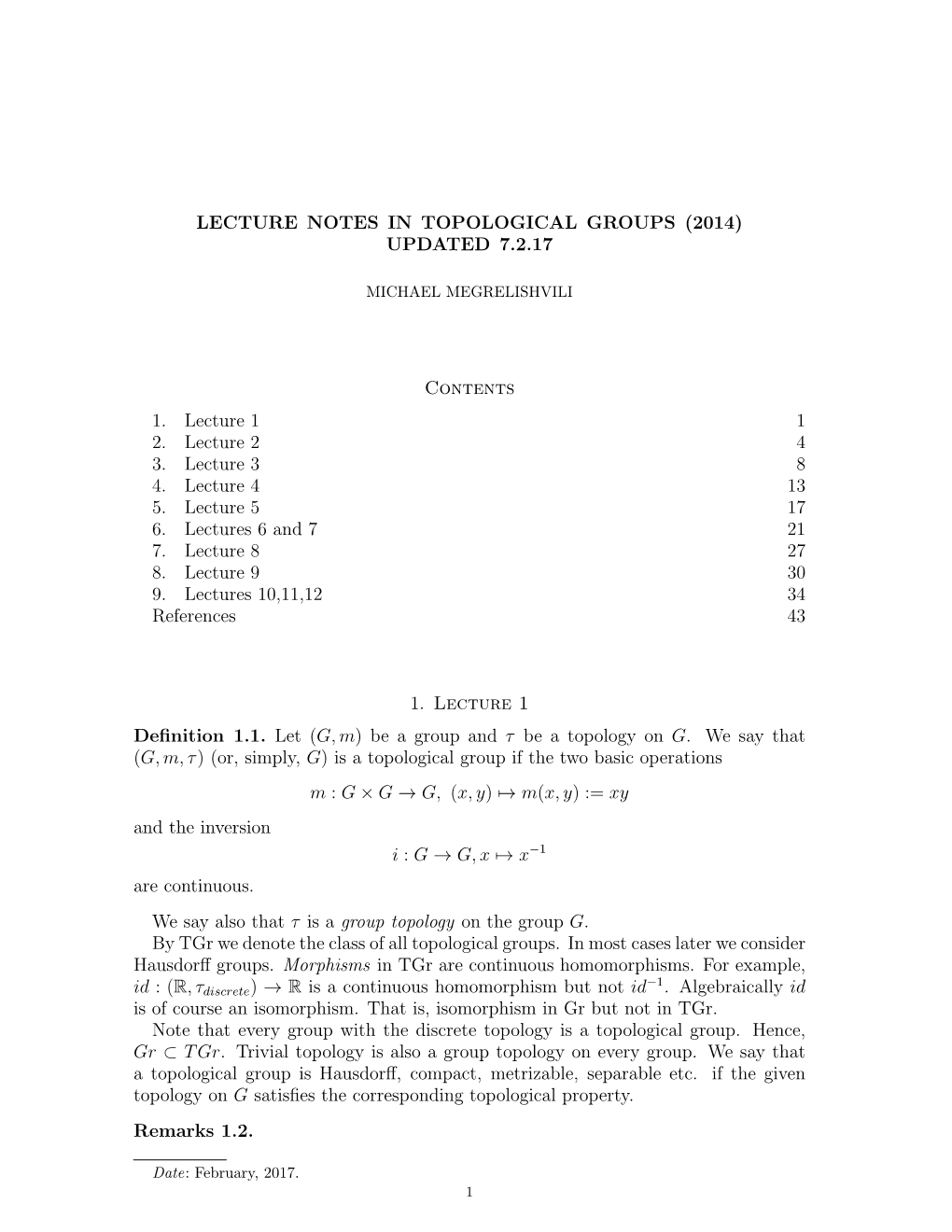 Lecture Notes in Topological Groups (2014) Updated 7.2.17