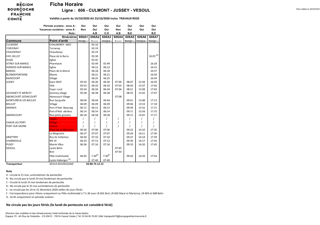 Fiche Horaire Ligne : 606 - CULMONT - JUSSEY - VESOUL Fiche Éditée Le 26/02/2021