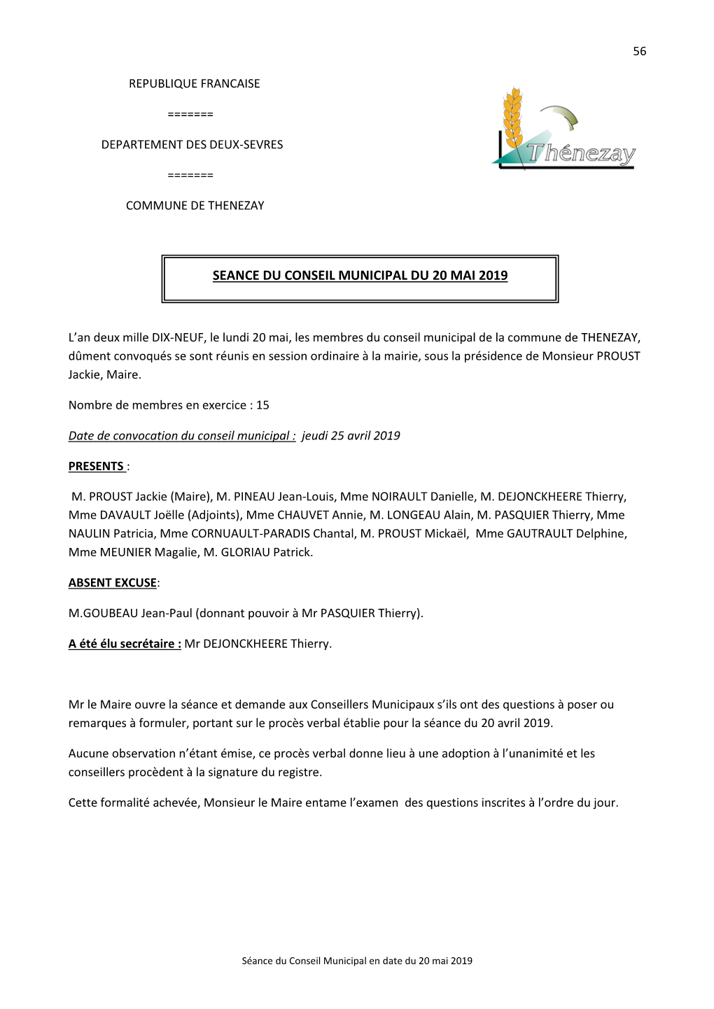 Seance Du Conseil Municipal Du 20 Mai 2019