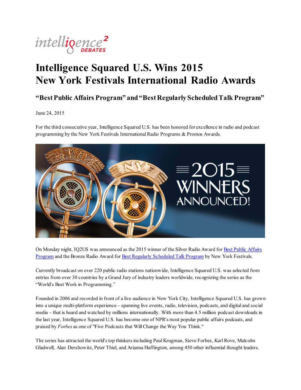 Intelligence Squared U.S. Wins 2015 New York Festivals International Radio Awards