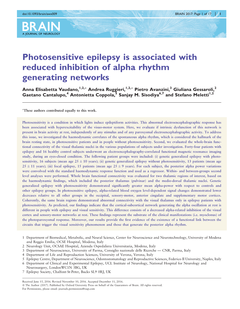 Photosensitive Epilepsy Is Associated with Reduced Inhibition of Alpha Rhythm Generating Networks