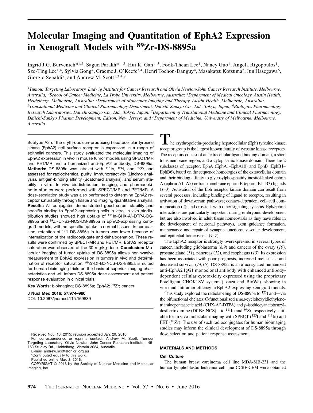 Molecular Imaging and Quantitation of Epha2 Expression in Xenograft Models with 89Zr-DS-8895A