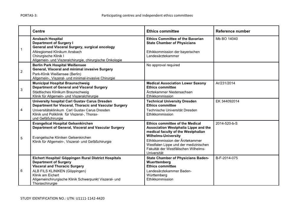 PORTAS-3: Participating Centres and Independent Ethics Committees