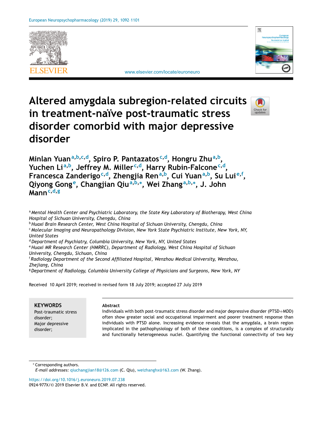 Altered Amygdala Subregion-Related Circuits in Treatment-Naïve Post-Traumatic Stress Disorder Comorbid with Major Depressive Disorder
