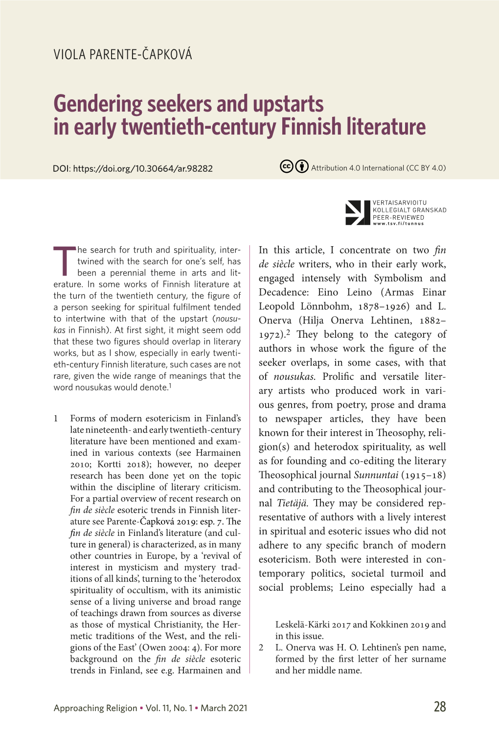 Gendering Seekers and Upstarts in Early Twentieth-Century Finnish Literature