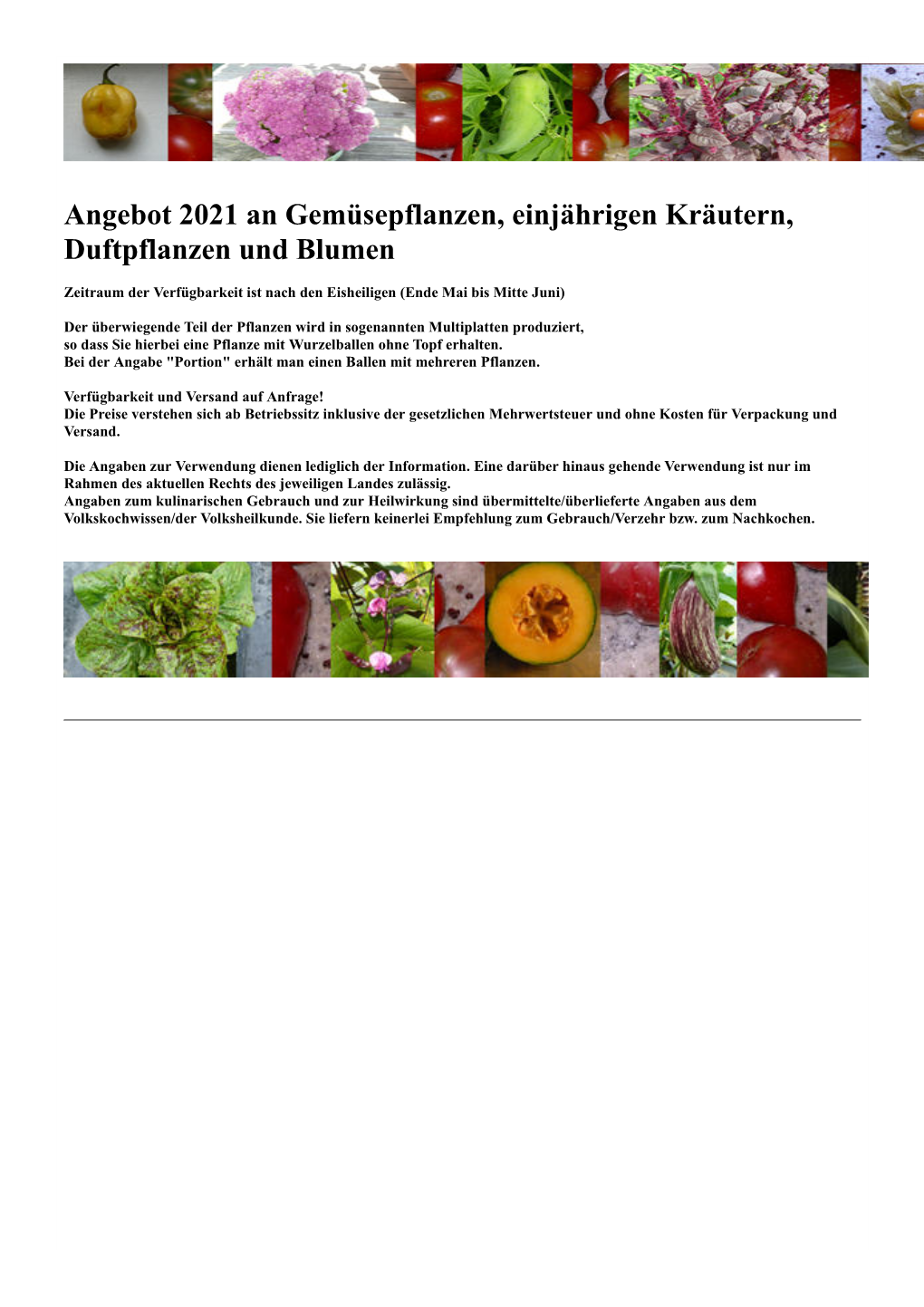 Angebot 2021 an Gemüsepflanzen, Einjährigen Kräutern, Duftpflanzen Und Blumen
