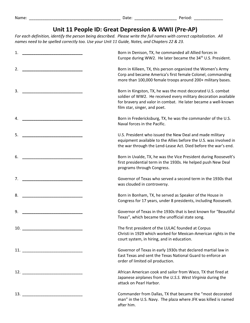 Unit 11 People ID: Great Depression & WWII (Pre-AP)