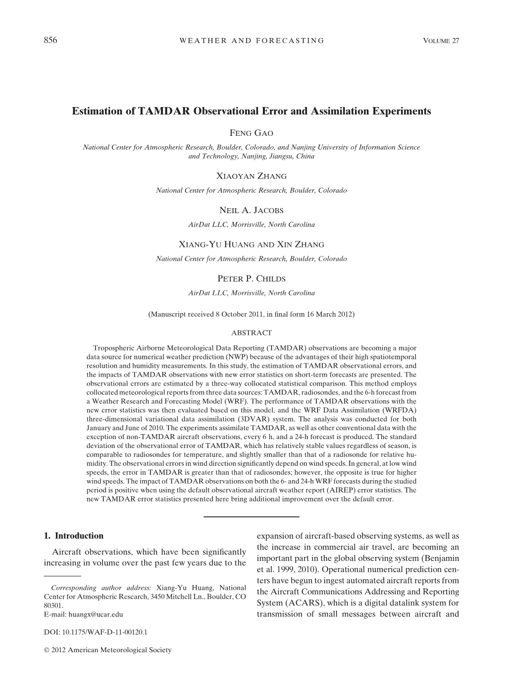 Estimation of TAMDAR Observational Error and Assimilation Experiments