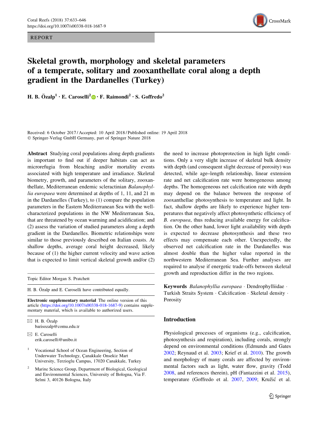 Skeletal Growth, Morphology and Skeletal Parameters of a Temperate, Solitary and Zooxanthellate Coral Along a Depth Gradient in the Dardanelles (Turkey)