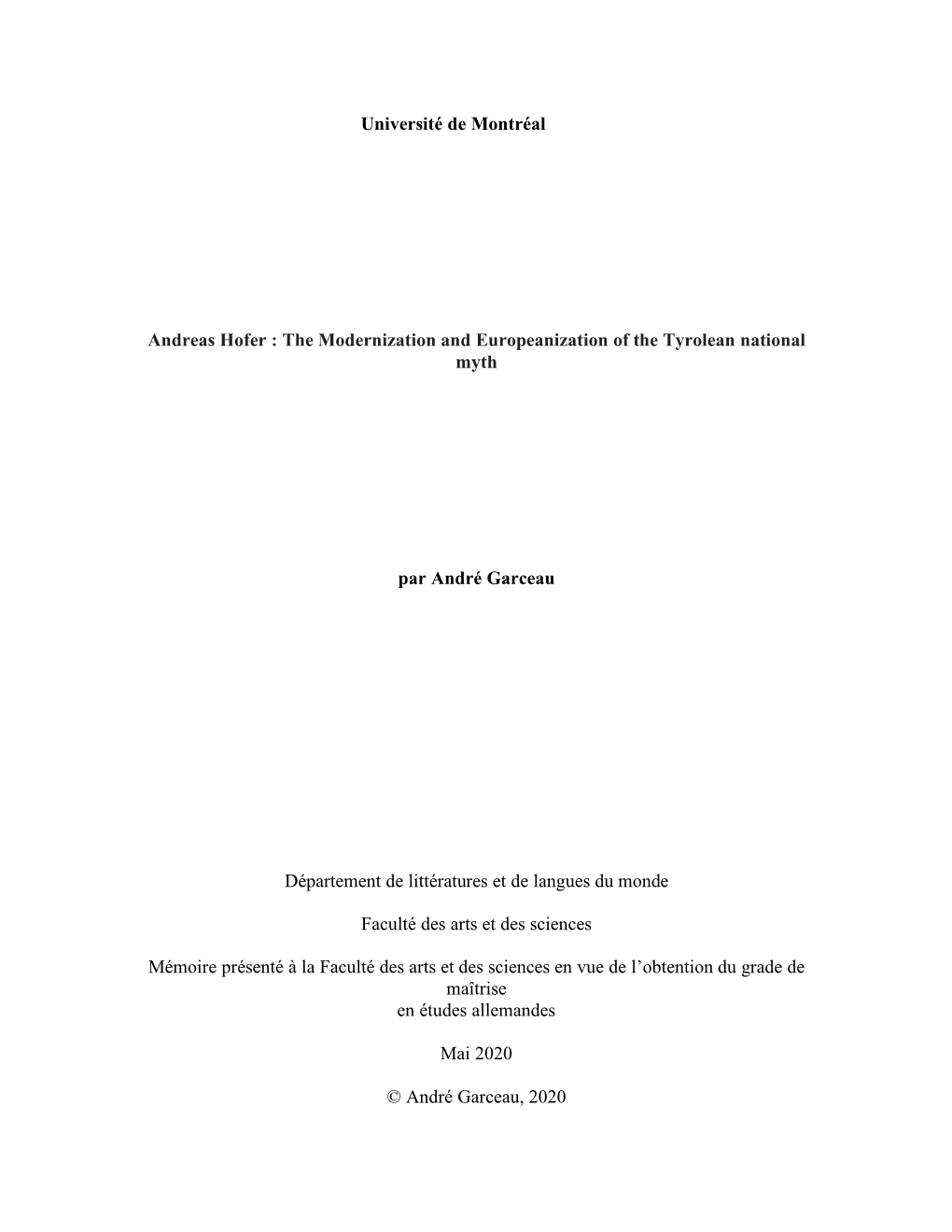 Université De Montréal Andreas Hofer : the Modernization And