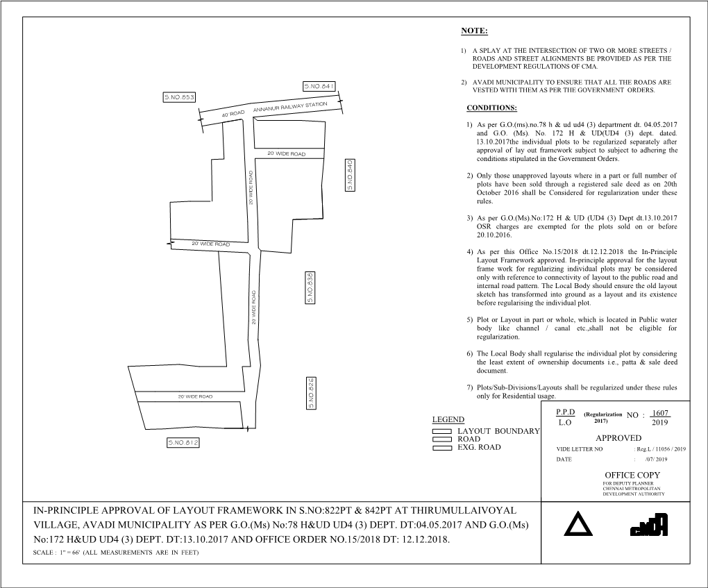 IN-PRINCIPLE APPROVAL of LAYOUT FRAMEWORK in S.NO:822PT & 842PT at THIRUMULLAIVOYAL VILLAGE, AVADI MUNICIPALITY AS PER G.O.(Ms) No:78 H&UD UD4 (3) DEPT