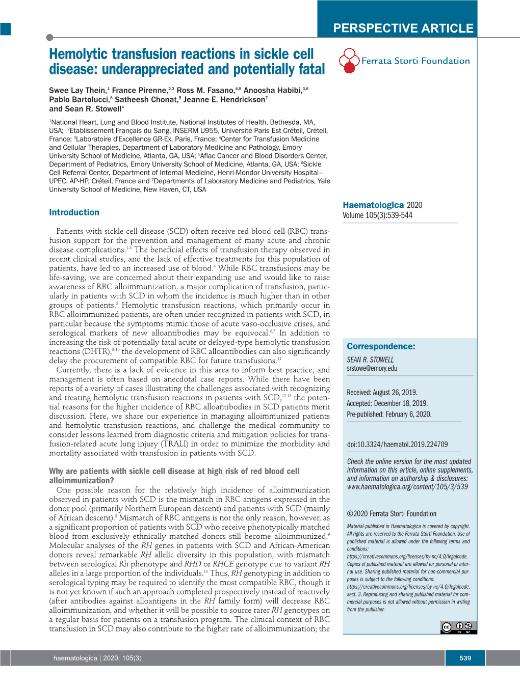 Hemolytic Transfusion Reactions in Sickle Cell Disease: Underappreciated and Potentially Fatal Ferrata Storti Foundation