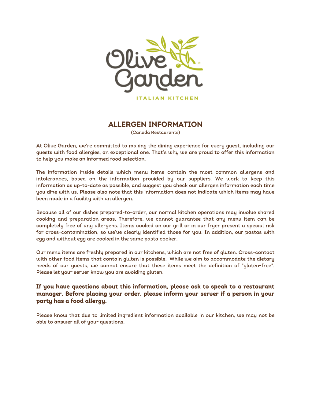 ALLERGEN INFORMATION (Canada Restaurants)