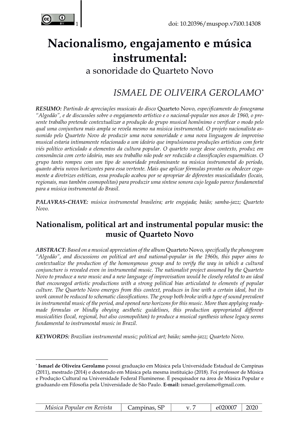 Nacionalismo, Engajamento E Música Instrumental: a Sonoridade Do Quarteto Novo