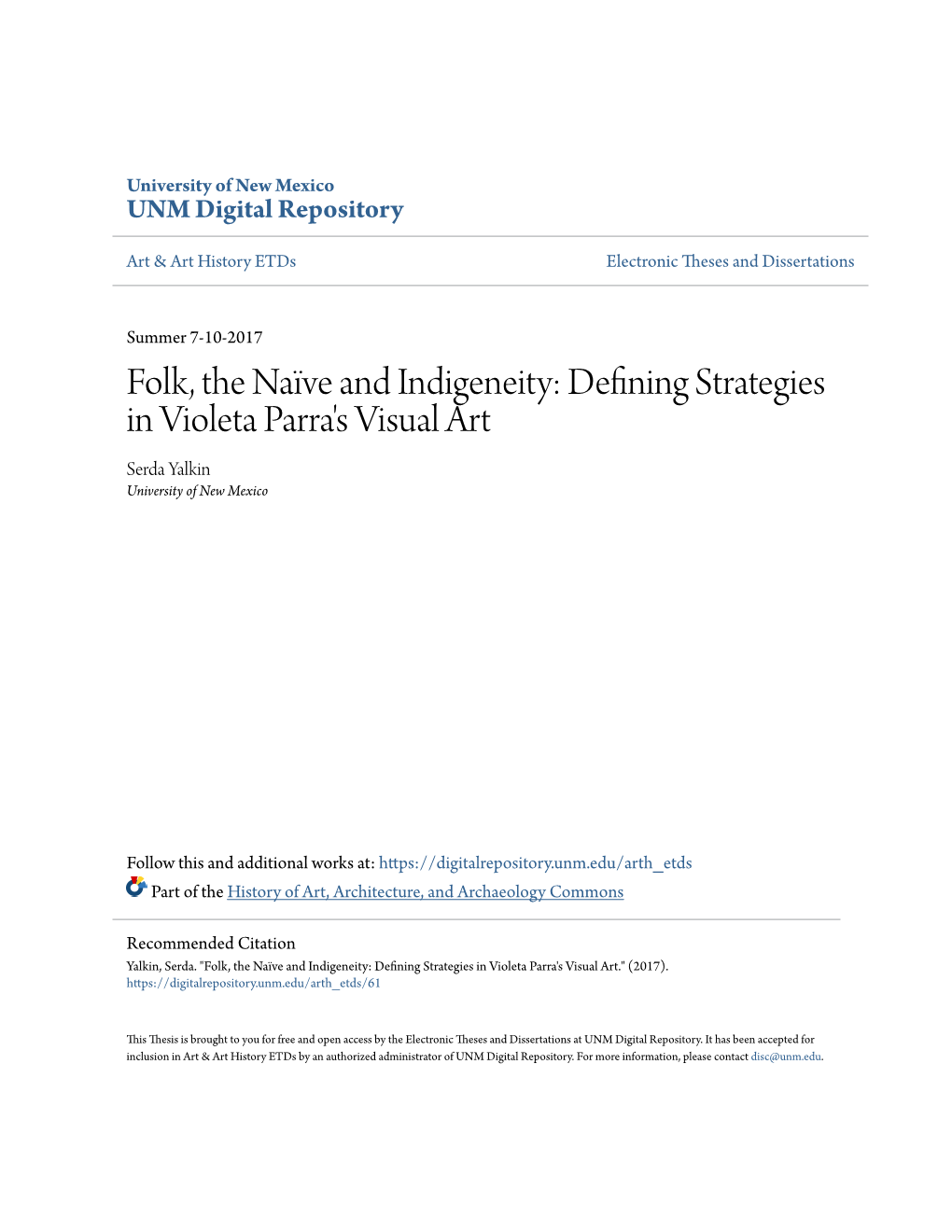 Defining Strategies in Violeta Parra's Visual Art Serda Yalkin University of New Mexico