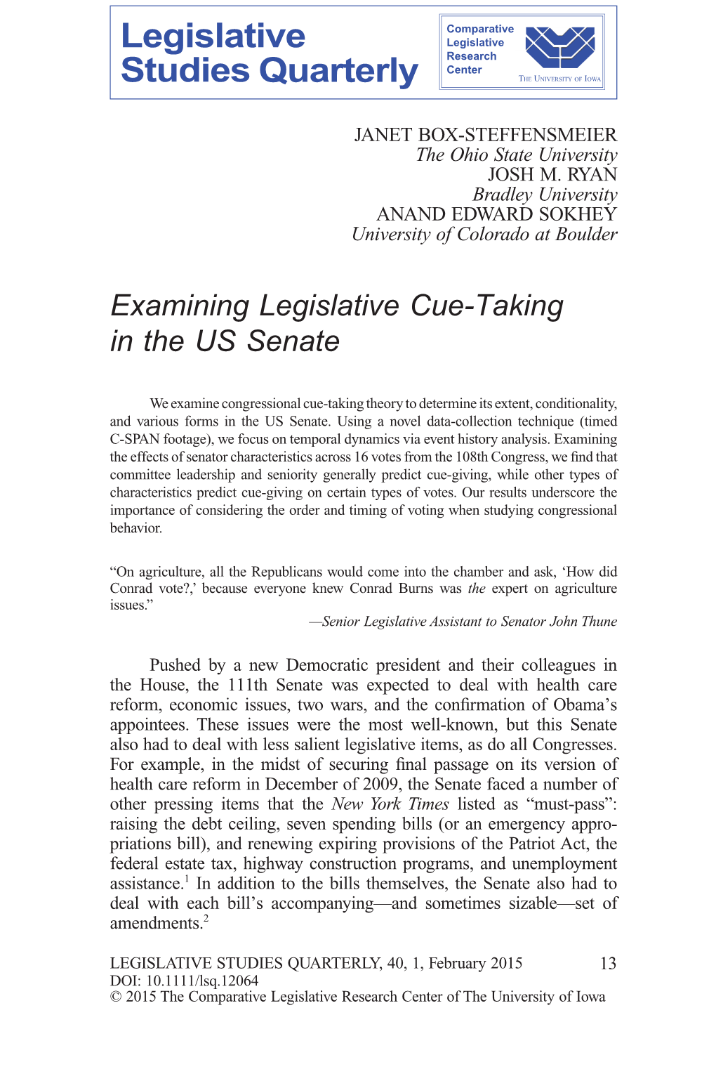 Examining Legislative Cue-Taking in the US Senate
