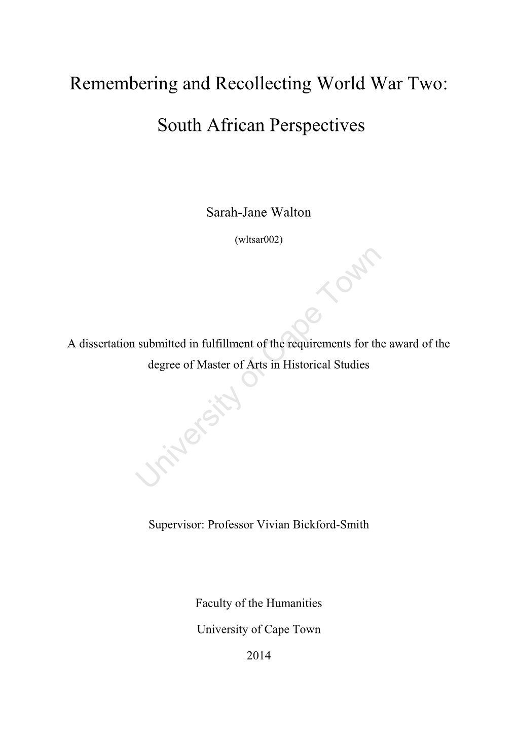 Remembering and Recollecting World War 2: South African Perspectives