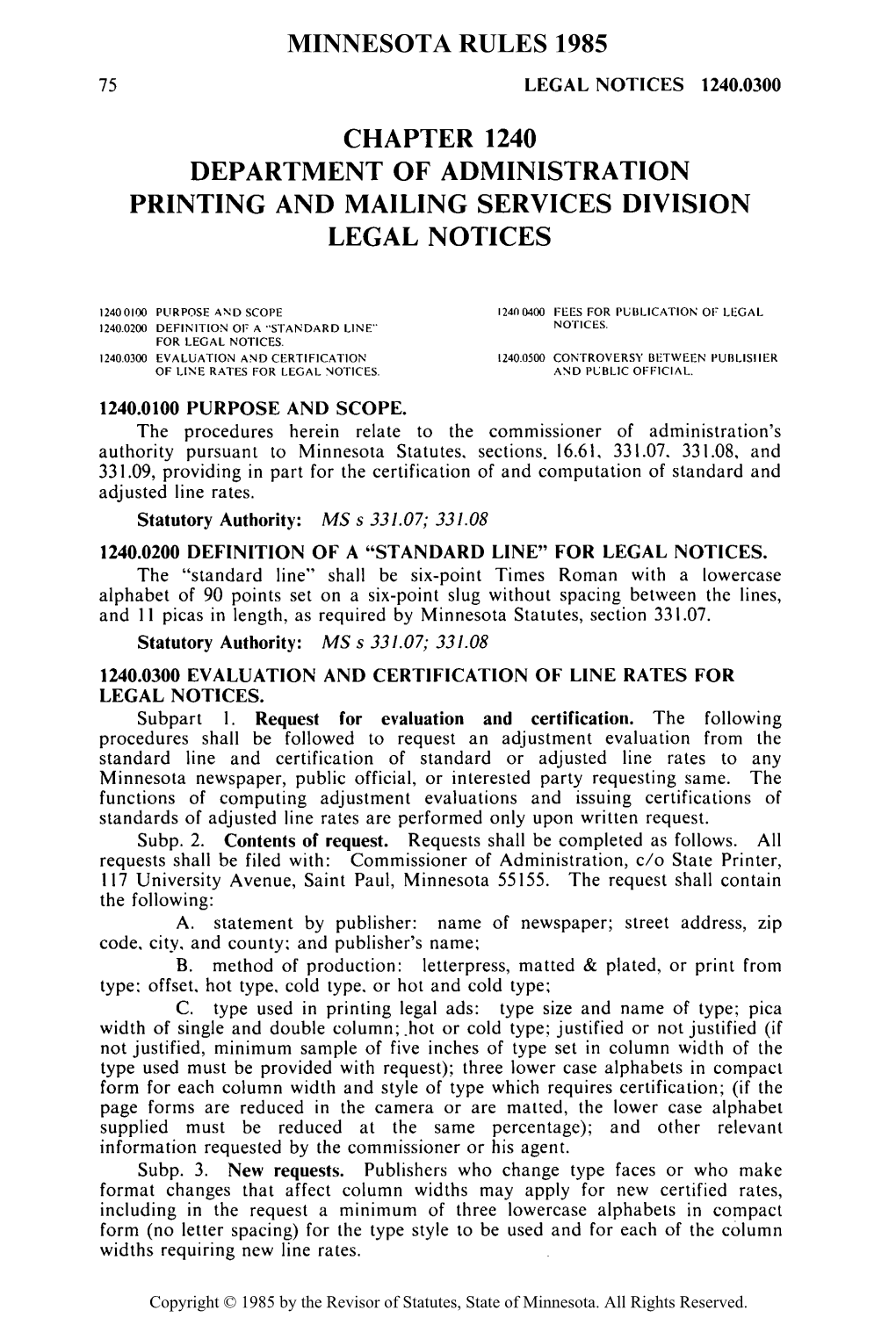 Chapter 1240 Department of Administration Printing and Mailing Services Division Legal Notices