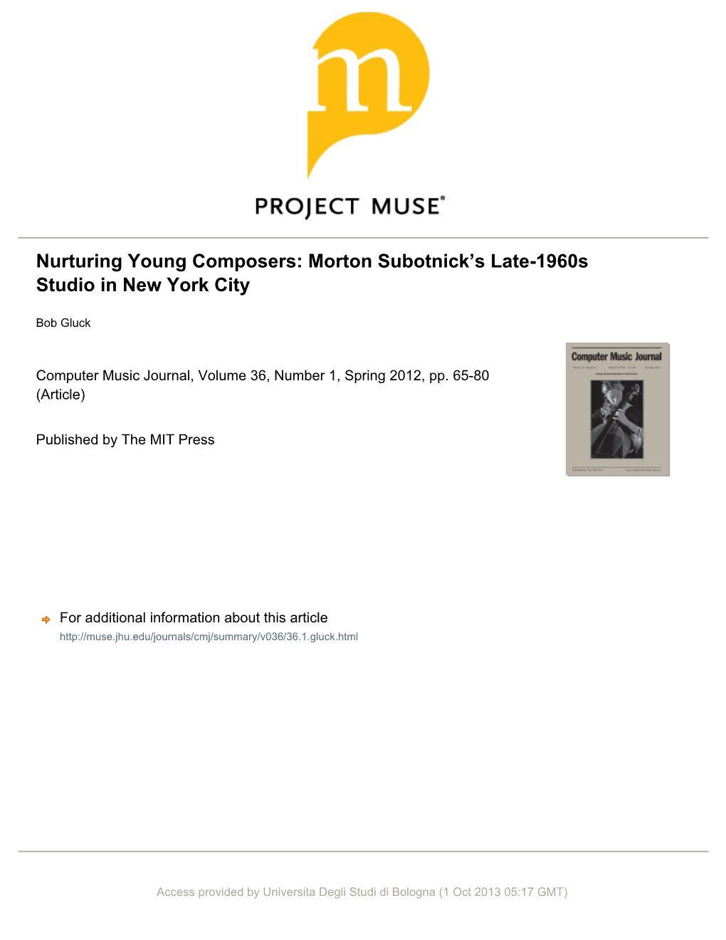 Nurturing Young Composers: Morton Subotnick's Late-1960S Studio In