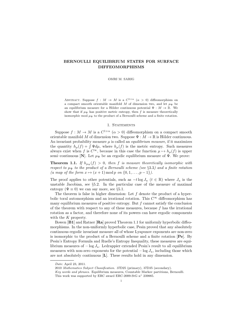 Bernoulli Equilibrium States for Surface Diffeomorphisms